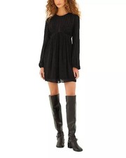 FARM Rio Mini Dress Black Long Sleeve Pleated Semi-Sheer Size S NWT $280