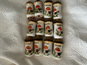 Vintage 1976 Old Japan MERRY MUSHROOM Set Of 12 Spice Jar Shakers