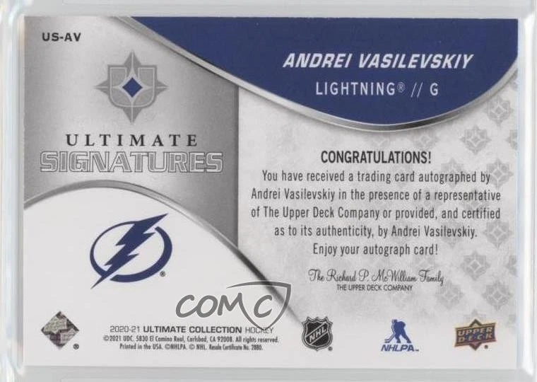 2020-21 Upper Deck Ultimate Collection Signatures Andrei Vasilevskiy #US-AV Auto - Image 2 of 2