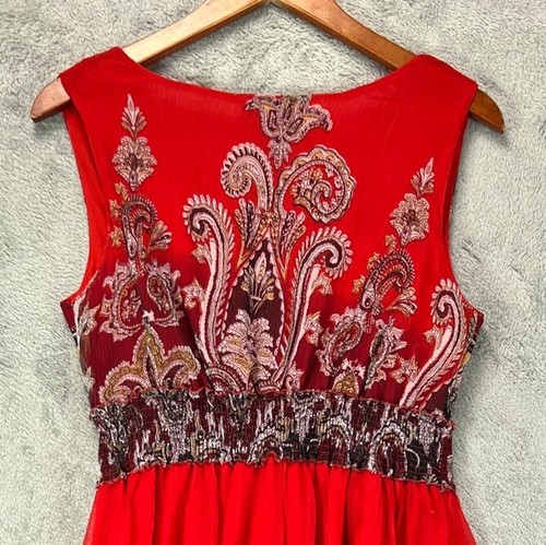 VTG Signature JMP Womens Large Maxi Dress Red Paisley Chiffon Boho V Sleeveless - Picture 5 of 13