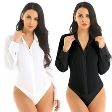Women Bodysuit Shirt Blouse Button Down Short Formal Work Business Top Romper