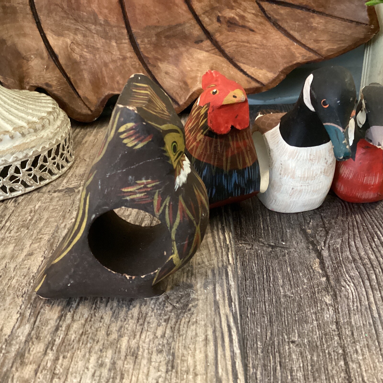 Napkin Rings Birds Wooden Owl Rooster Duck Geese Set Of 4 Vintage