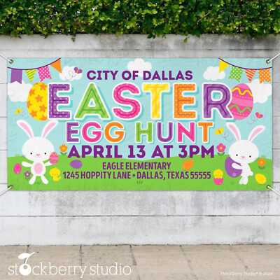 Easter Egg Hunt Vinyl Banner Personalized Bunny Party Decor Easter Birthday