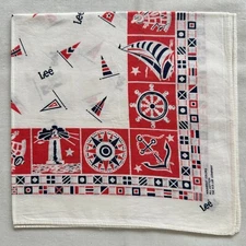 Vintage Handkerchief White Cotton Geometric Blue Red Sailboat Anchor Bandana 19"