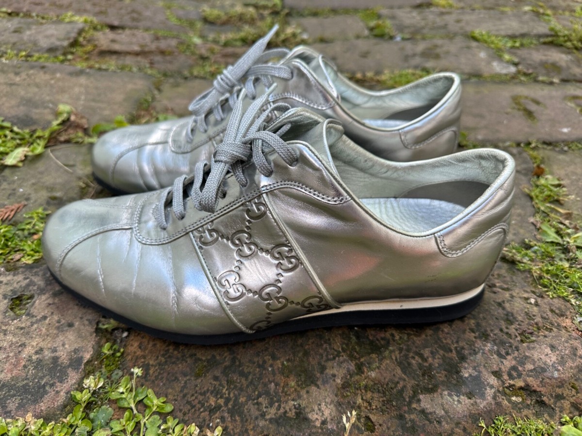 Gucci Silver Leather Lace-Up Sneakers Gucci Interlocking G Logo Leather Sneakers - Metallic  main image 2