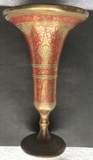 Vintage Brass Trumpet Vase with Red Enamel 8 1/4” very good used condition
