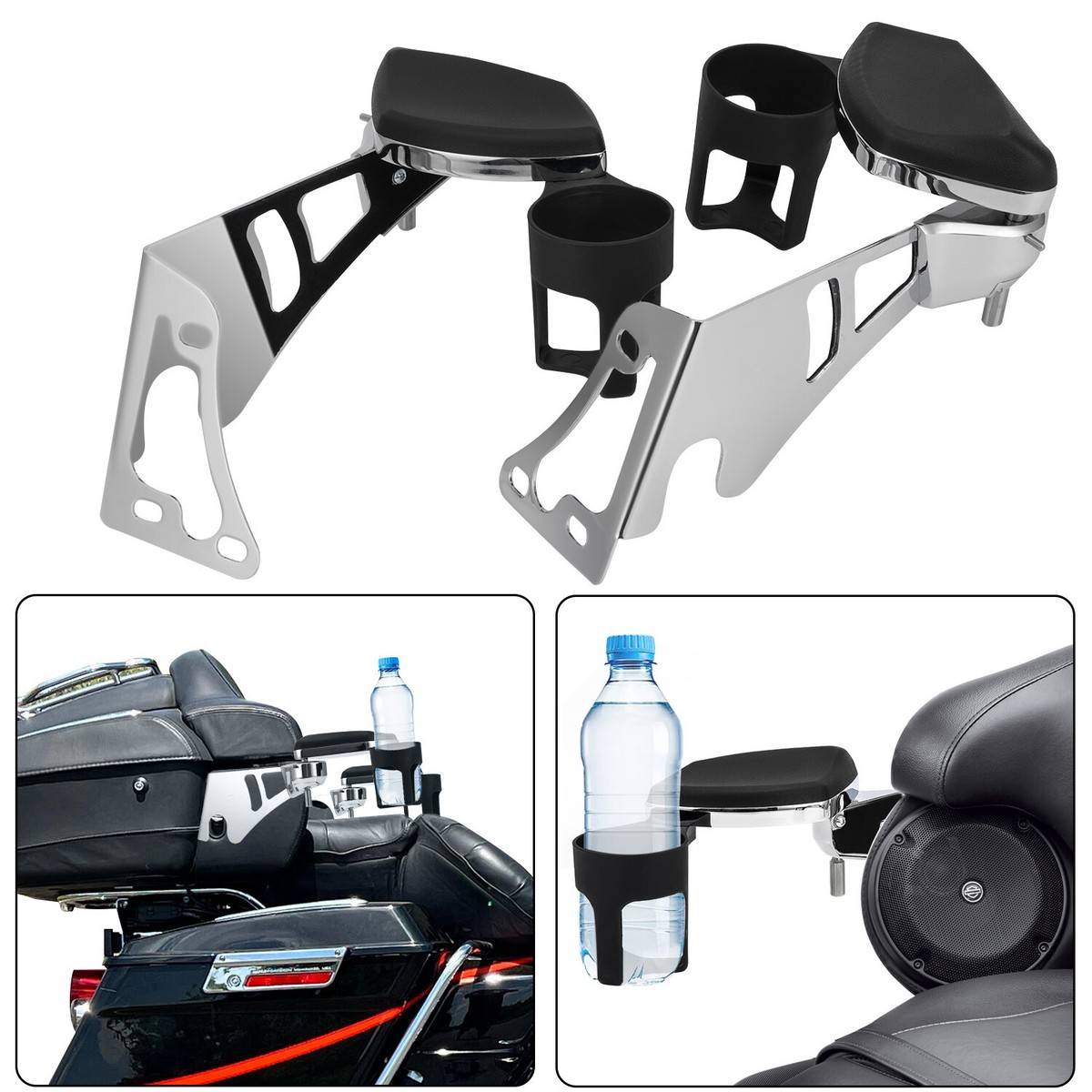 Chrome Rear Passenger Arm Rest w/ Drink Holder For Harley Touring