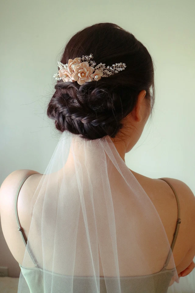 Cherry Blossom Floral Hair Comb w. Pearls & Crystals in 14k Gold | Handmade - Image 2 of 4