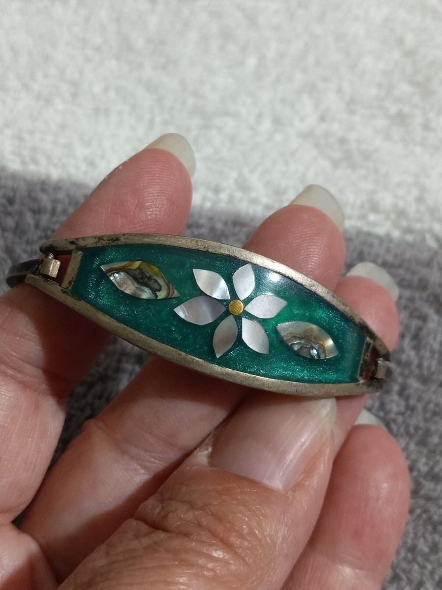 VINTAGE Mexico Alpaca Silver Bracelet Abalone Shell Flower