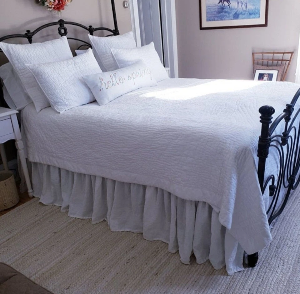 Falda de cama de lino esquinas divididas paneles con volantes falda de cama con volantes antipolvo colcha Foto 4 de 4