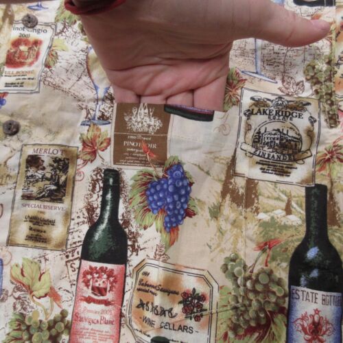 Vtg Wine Shirt Men Large Tan Graphic Hawaiian Beach Short Sleeve Button Up Camp - Picture 8 of 13