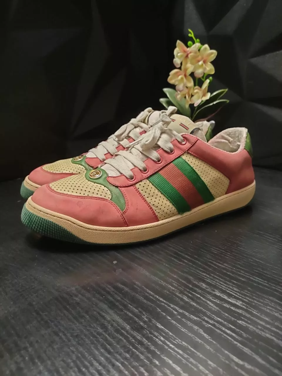 Baskets Gucci GG Screener toile vieilli cuir marron blanc beige pointure 44,5