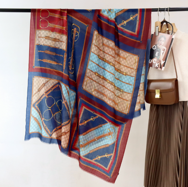 100% Wool Scarf Shawl Square Brown red chain Print Neckerchief 200X100cm Wrap