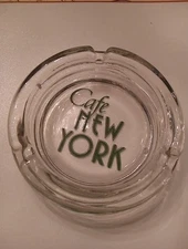Vintage Cafe New York Glass Ashtray Art Deco Design Green Lettering Mint