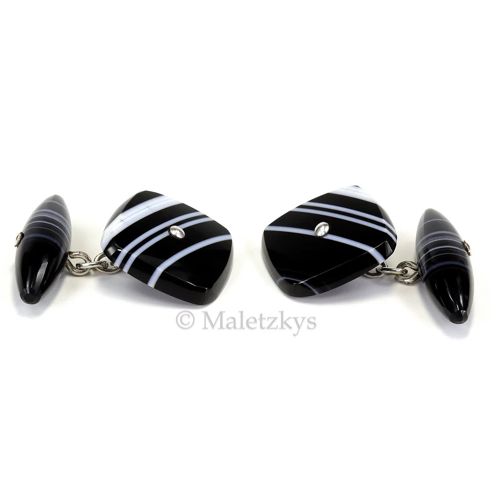 Original Historismus um 1880 - Antike Manschettenknöpfe Onyx Silber Bandachat - Bild 2 von 4