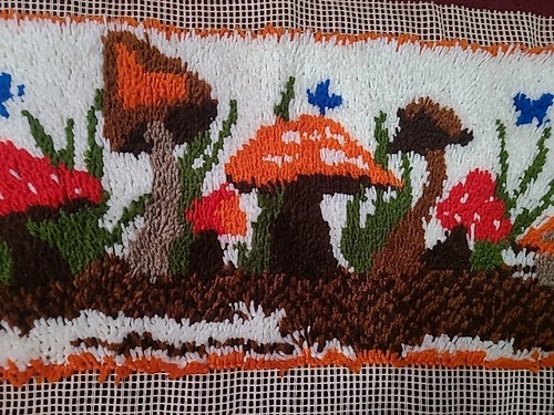 Latch Hook Rug Mushroom Garden Completed MCM 70s Wall Hanging 15"X36" Vintage 
