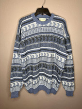 Vintage 80s 90s Men's Blue and White Knit Sweater NWT Coogi Style Medium Tall
