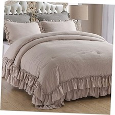Ruffled Comforter Set for Queen Bed,3 Pieces Vintage Queen 90 90 Taupe