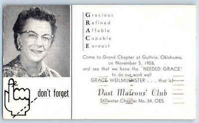 1958 Stillwater Oklahoma Postcard Grand Chapter Guthrie Past Matron's Club Grace