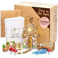 13-Piece Fairy Garden Kit Solar LED Fairy House Opening Door Glow Stones