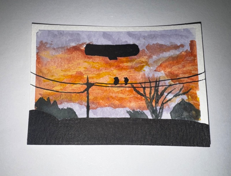 ACEO Original Art Sun Set Car Rides Birds Nature Orange and Lavender Sky