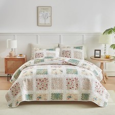 Patchwork Quilt Set King Size 102x88 3 PCFloral Style with Red Blue Orange Gr...