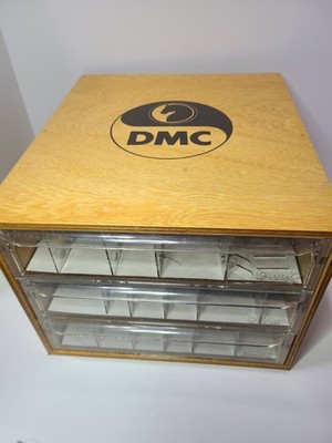 RARE VINTAGE DMC Storage Thread Floss Wooden 3 Drawer Display Box Embroidery. 