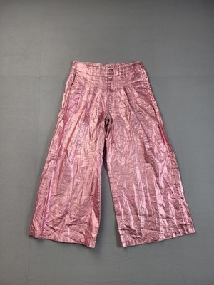 Lanhtropy Women Pant L Pink Wide Leg Flat Front High Rise 100% Linen Metallic