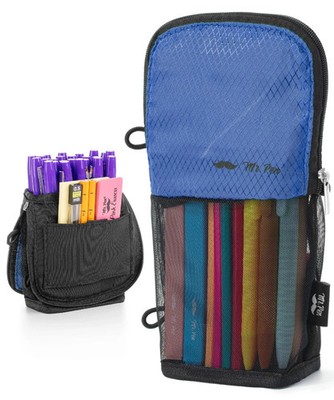 Mr. Pen- Standing Pencil Case Pouch, Sit Lay Mesh-View Design, Black Blue,