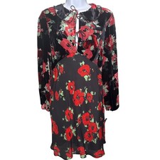 RIXO Womens Malibu Black Red Floral Poppy Velvet Mini Dress Sz 6 Cocktail Chic