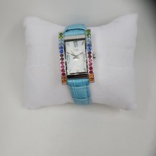Diamonique Rainbow Tank Stainless Blue Leather Strap Watch Silvertone