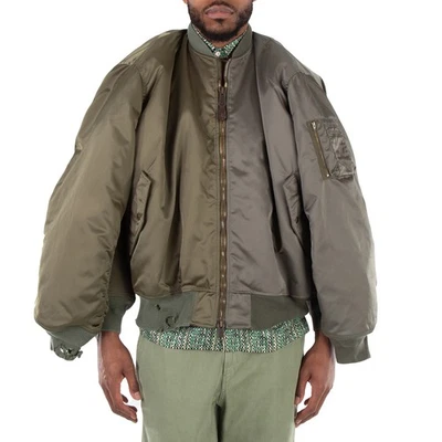 Balenciaga Men's Military Khaki Double-Sleeve Satin Bomber Jacket, Size Xx-Small - Image 1 of 4