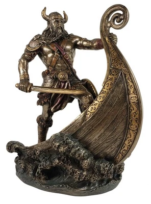 VERONESE DESIGN 9 1/2 Inch Norse Viking Warrior Standing On Long Ship Prow Bronze Color Statue