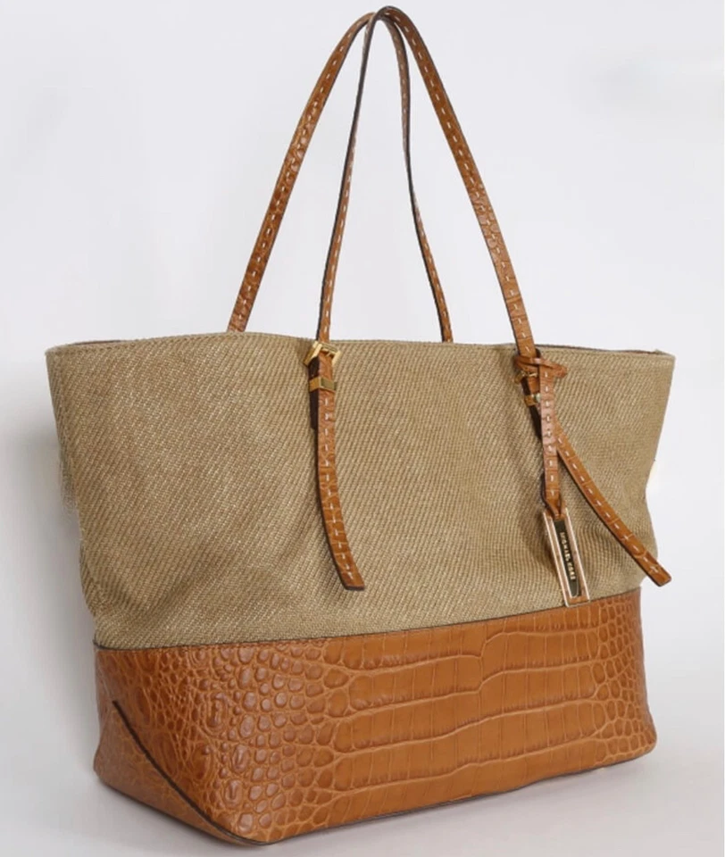 MICHAEL KORS GIA Woven Raffia Straw & Brown Croc Leather LARGE TOTE BAG PURSE - Image 3 of 4