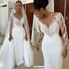 Mermaid Wedding Dress Lace Pearls Detachable Train Vintage Elegant Bridal Gowns