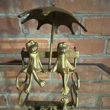 Brass Frog Figurine Pair on Bench with Umbrel...