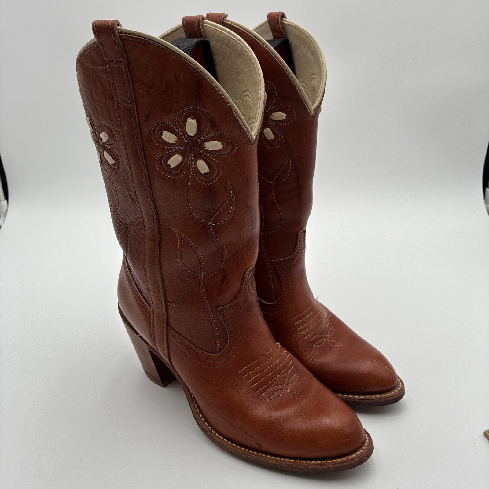 Vtg 70's Acme Womens Brown Leather Floral Inlay Western Cowboy Boots 6.5M