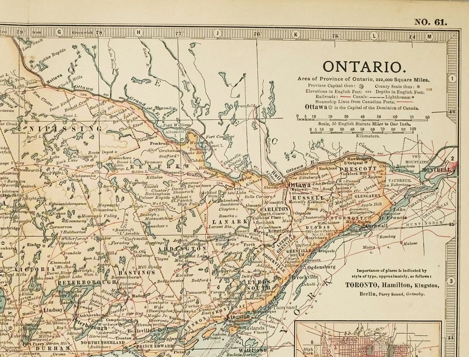 1903 Antik Landkarte Kanada Ontario Toronto Hamilton Muskoka