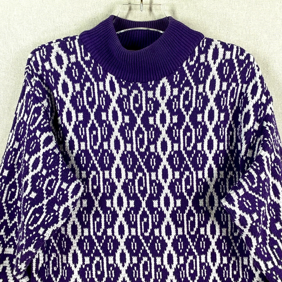 Antigo Vestido Suéter Feminino Delia McKain Anos 80 M Roxo Geométrico Mini Boho Fabricado nos EUA - Imagem 2 de 4