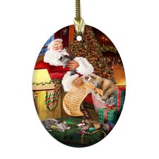 Santa Sleeping with Norwegiann Forest Cats Oval Glass Christmas Hanging Ornament