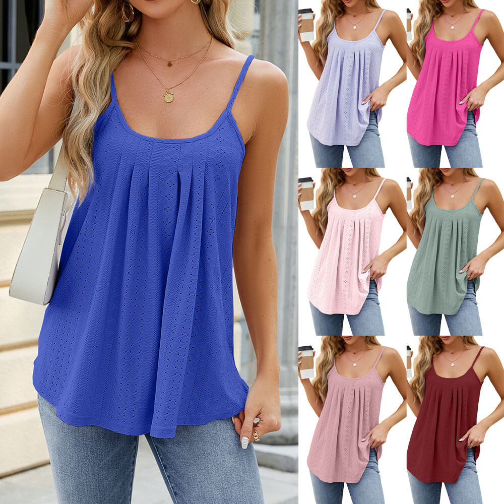 Women Camisole Sleeveless Pleated Vest Loose Fit Casual Beach Breathable Tops