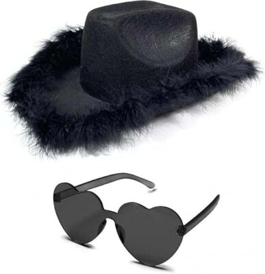 4E's Novelty Cowboy Hat with feathers With Heart Shaped Sunglasses, BLACK