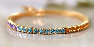 Round 3MM Multi Gemstone Tennis bracelet 14K Yellow Gold Rainbow Bracelet Gifts