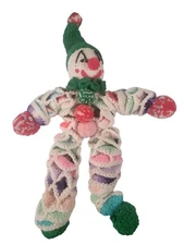 VTG Handmade Crocheted YoYo Yarn Clown Doll Pom Pom Happy Green White