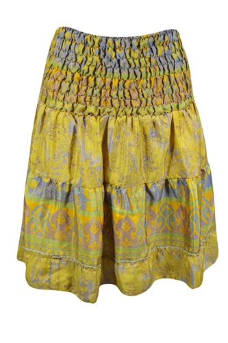 Womens Summer Ruched Elastic Skirt Yellow Beach Boho Hippy Gypsy Skirts S/M