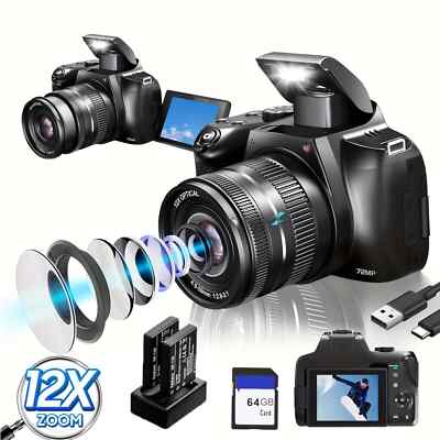 4K Digital Camera with 12X Zoom,72MP DSLR Camera w/ 64GB SD Card & 2 Batteries