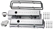 BILLET SPECIALTIES POLISHED SHORT VALVE COVERS,CHEVROLET SCRIPT,PCV BREATHER,ACN
