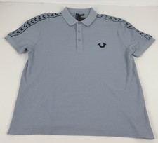 True Religion Polo Shirt Mens Small Sky Blue Logo Damask Cotton Blend Short Slve