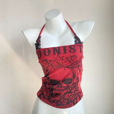 Y2K Red Gothic Skull Halter Top with Lace Trim (Size S)