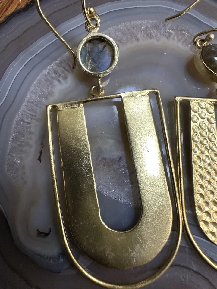 Natural Labradorite Stones In Artisan-crafted Brass Earrings 3.25” Long  - Image 4 of 4